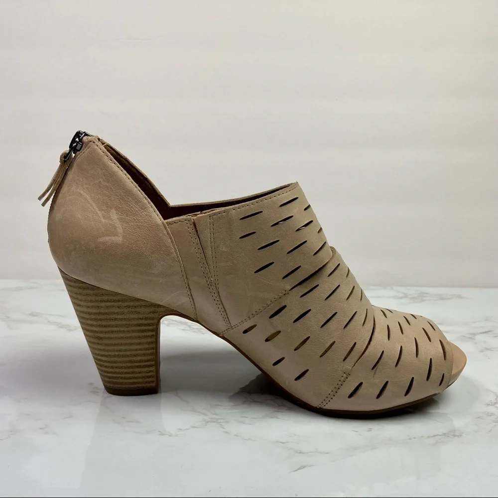 Beige Peep-Toe Cutout Block Heel Bootie